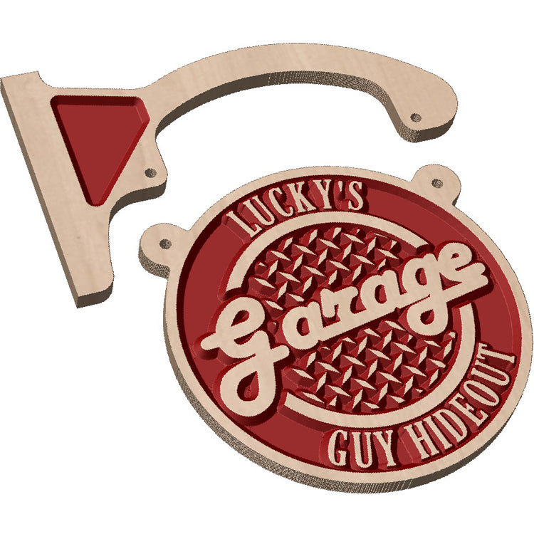 Personalized wooden hanging circle sign displayed as custom wall decor outside a garage or workshop.