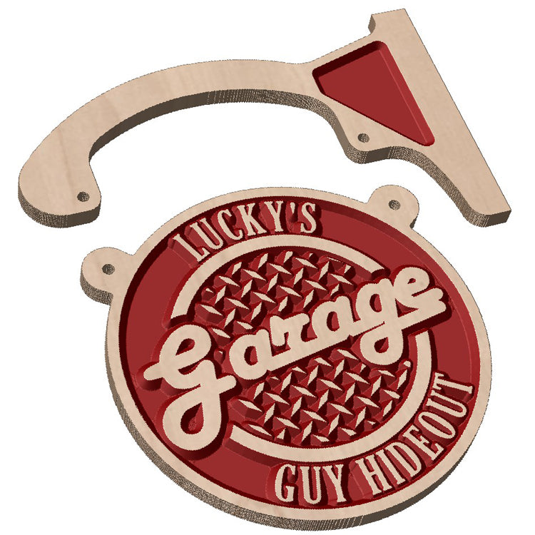 Personalized double-sided wooden hanging circle sign displayed as custom wall decor outside a garage or workshop.