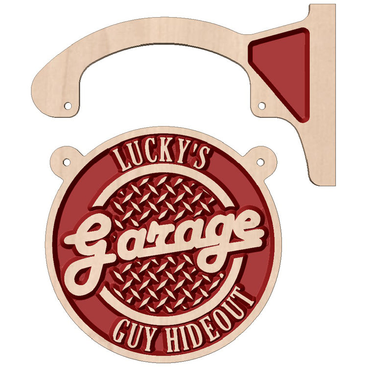 Personalized double-sided wooden hanging circle sign displayed as custom wall decor outside a garage or workshop.