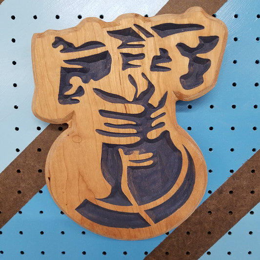 Relief carved hardwood sign in the shape of the historic Liberty Bell, featuring a detailed yoke and clapper design with blue paint.