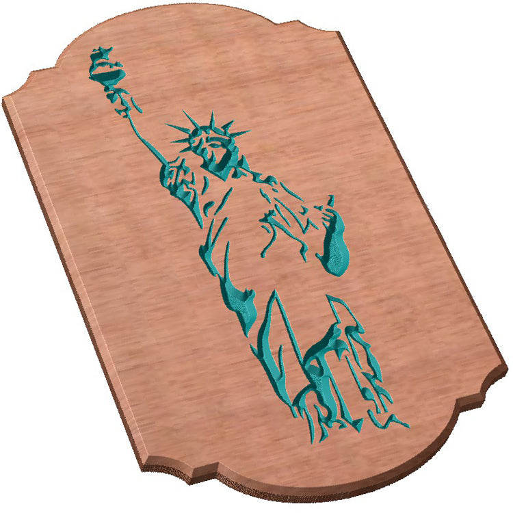 Angled shot of a Relief carved hardwood arched plaque sign featuring a detailed, full-length Statue of Liberty design painted teal.