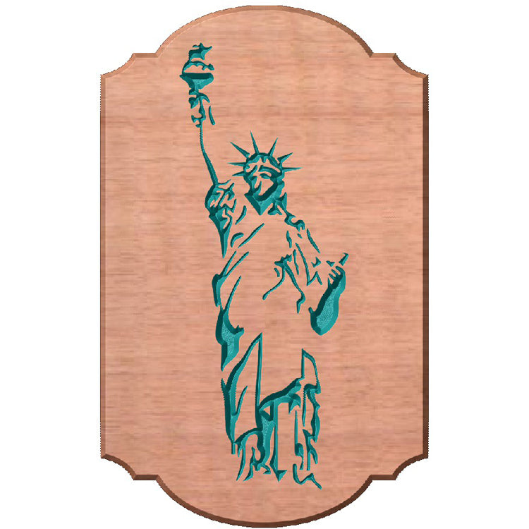Relief carved hardwood arched plaque sign featuring a detailed, full-length Statue of Liberty design painted teal.
