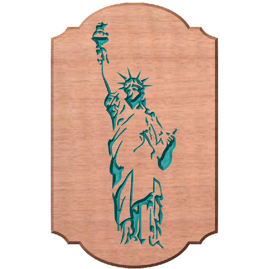 Relief carved hardwood arched plaque sign featuring a detailed, full-length Statue of Liberty design painted teal.