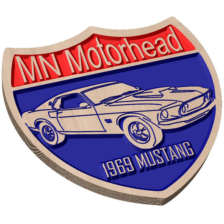 Angled shot of a customizable relief carved hardwood MN highway shield sign with a 1969 Mustang design on a white background.