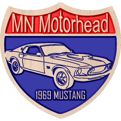 Customizable relief carved hardwood MN highway shield sign shown with a 1969 Mustang design and MN Motorhead text.