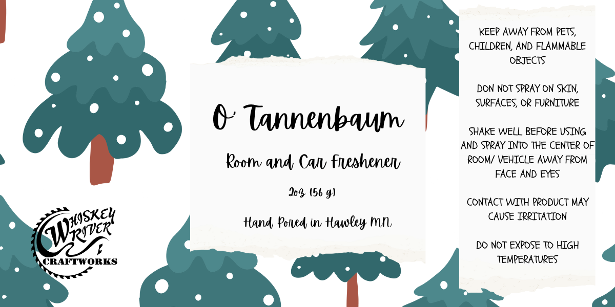 Whiskey River Craftworks Room & Car Spray, "O' Tannenbaum" scent—a classic holiday fragrance featuring fresh-cut balsam fir, pine needles, and crisp winter forest air.