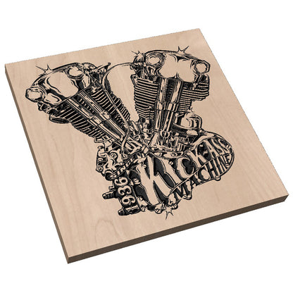 Angled shot of a relief carved hardwood sign featuring a detailed vintage Knucklehead motorcycle engine with Kick Ass Machine and Since 1936 text.