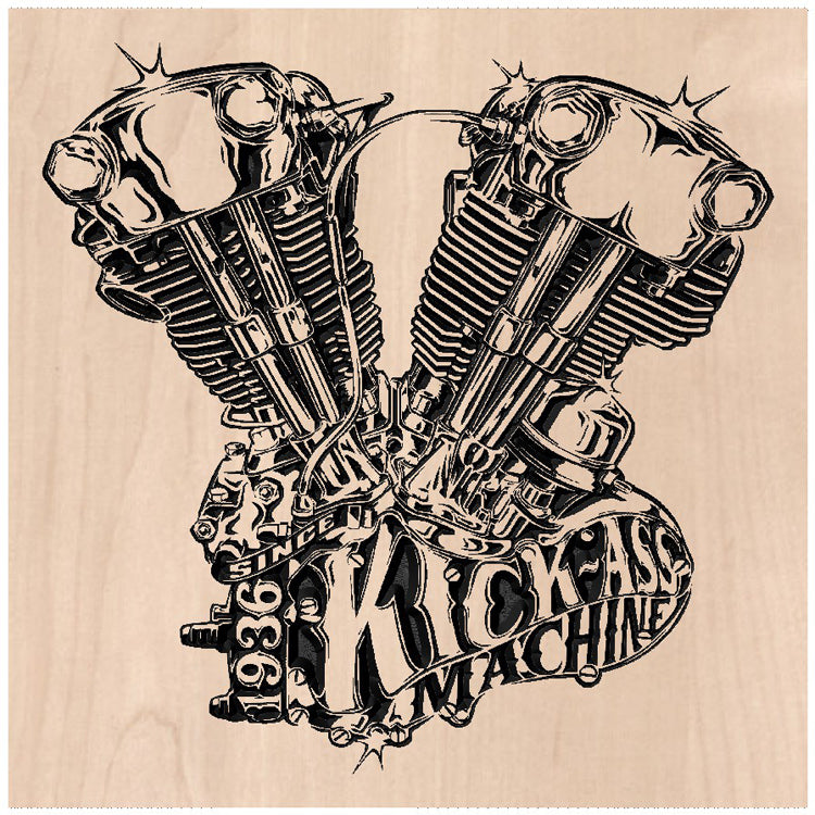 Relief carved hardwood sign featuring a detailed vintage Knucklehead motorcycle engine with Kick Ass Machine and Since 1936 text.