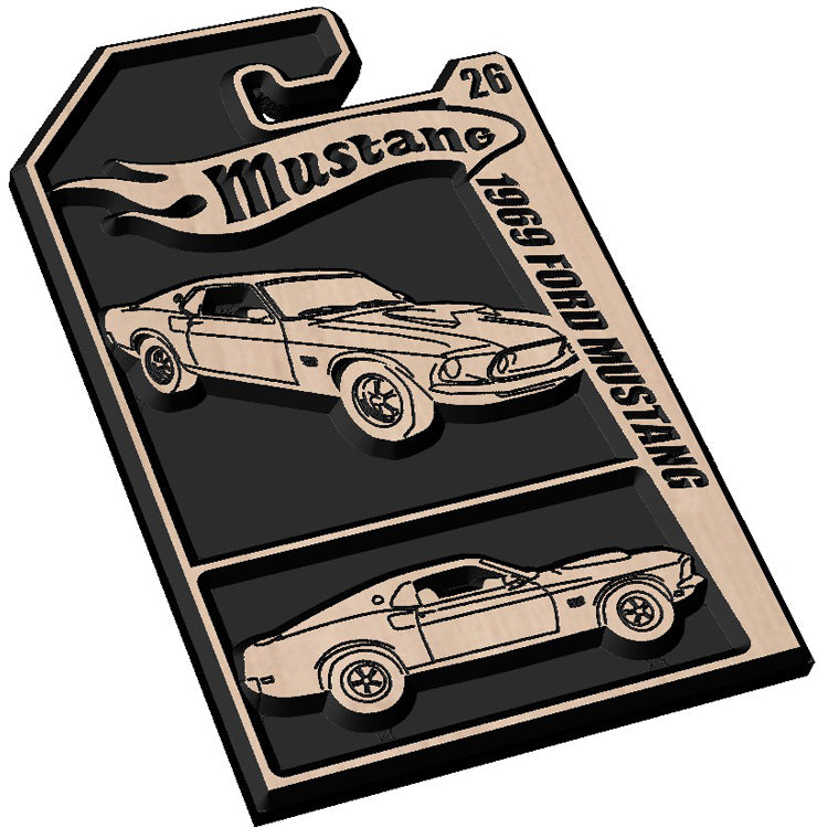 Angled shot of a Fully customizable relief carved hardwood "Fire Wheels" sign featuring a retro blister pack design for custom vehicles.
