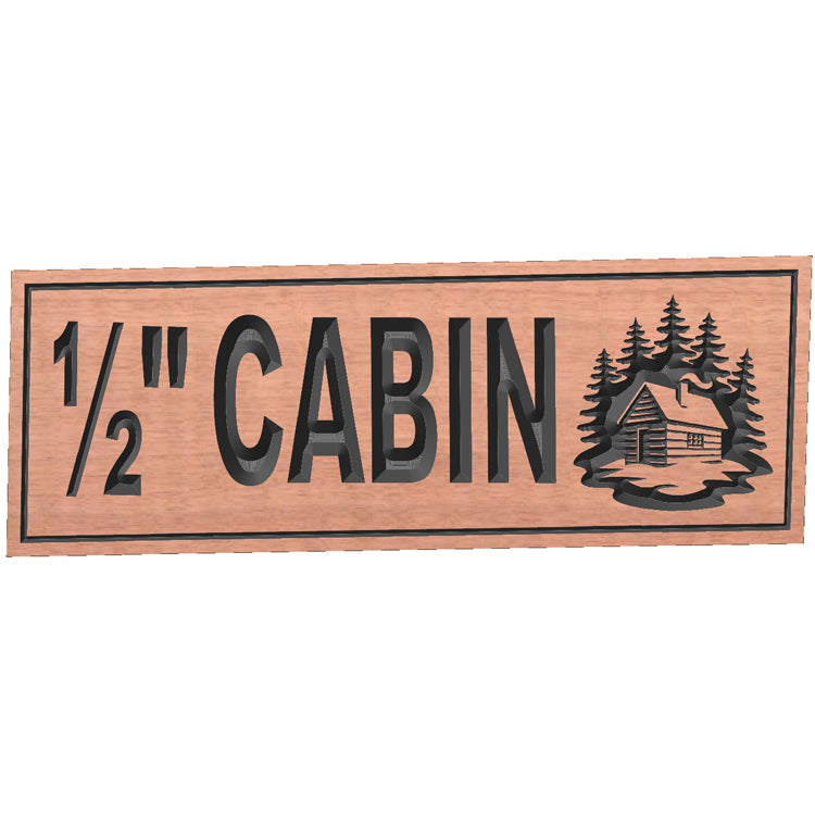Custom CNC-carved wooden sign featuring '1/2 Cabin' text and a forest cabin illustration, handcrafted and finished by Whiskey River Craftworks