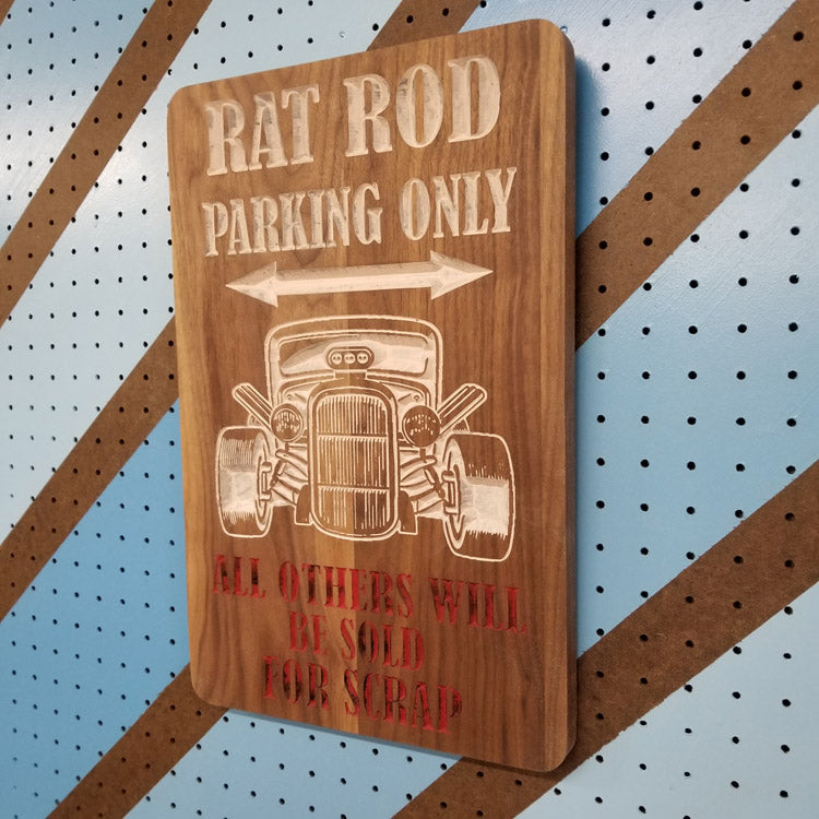 Handcrafted hardwood automotive portrait sign displayed in multiple custom colorways.