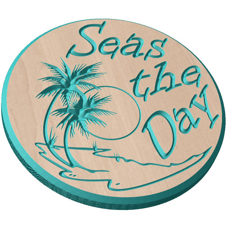 Angled shot of a custom circular hardwood sign with relief carved palm tree beach design and Seas the Day text.