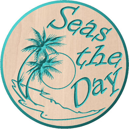 Custom circular hardwood sign with relief carved palm tree beach design and Seas the Day text on a striped pegboard.
