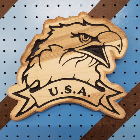 Handcrafted relief-carved hardwood USA Eagle sign, featuring a detailed eagle design and "U.S.A." text