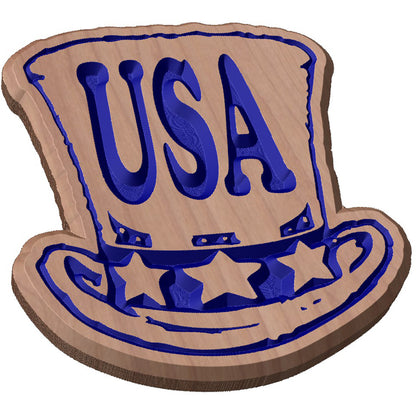 Angled shot of a custom hardwood USA top hat patriotic sign with carved stars and stripes relief design on a white background.