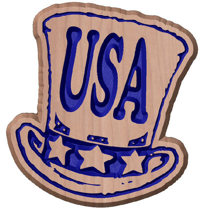 Custom hardwood USA top hat patriotic sign with carved stars and stripes relief design on a white background.