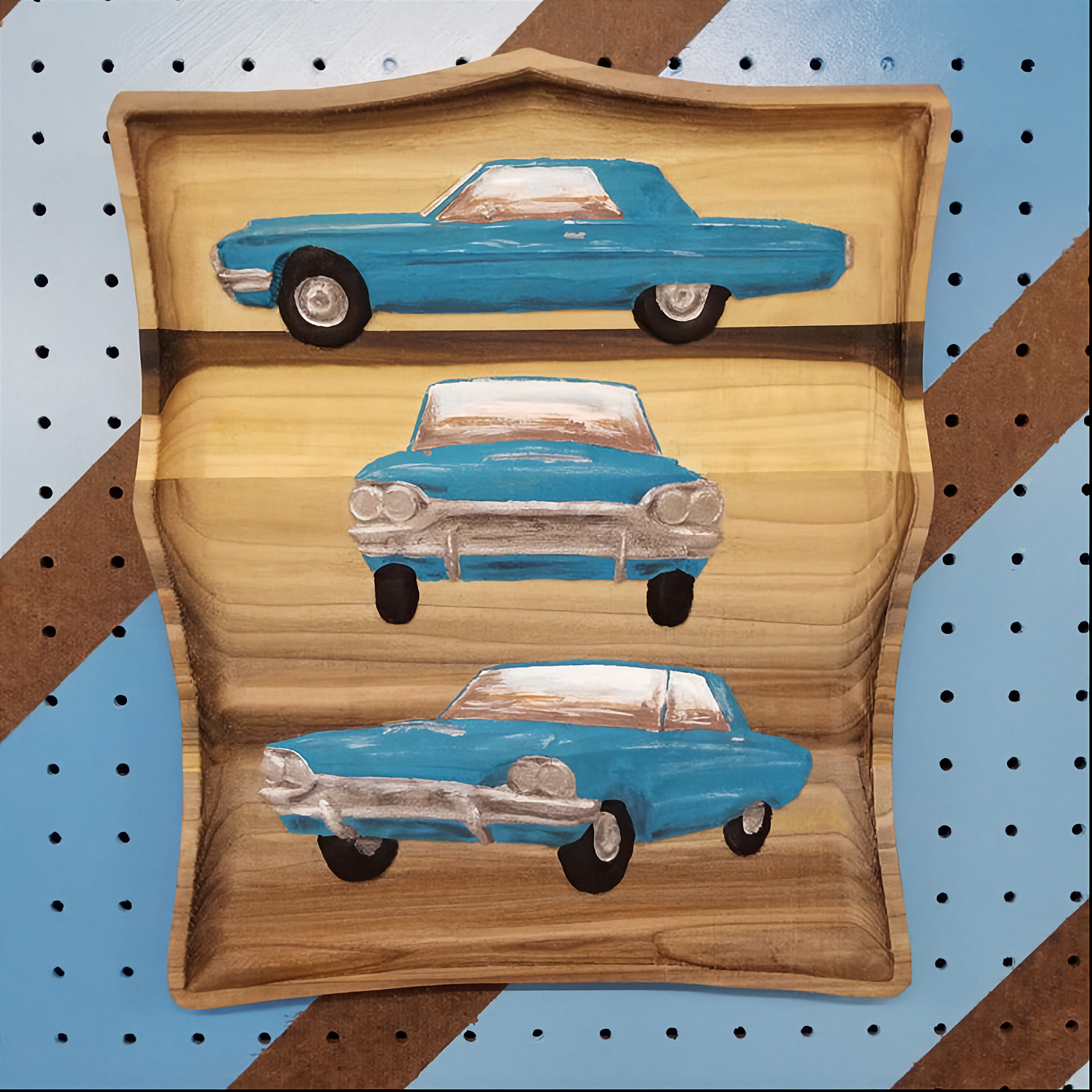Hand-painted 3-view bas-relief wooden plaque featuring a classic car from multiple angles.