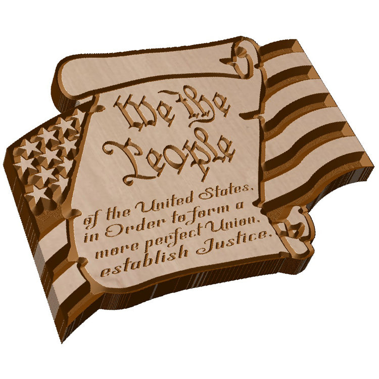 Angled shot of a custom hardwood American flag scroll sign with carved We the People preamble on a white background.