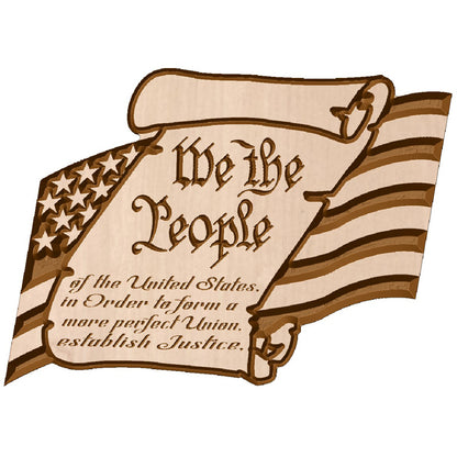 Custom hardwood American flag scroll sign with carved We the People preamble on a white background.
